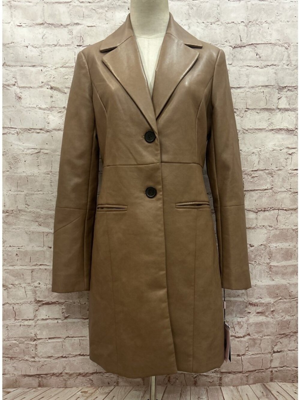 Avec Les Filles Womens XS Faux Leather Mid Length Blazer Jacket Tan Brown NEW